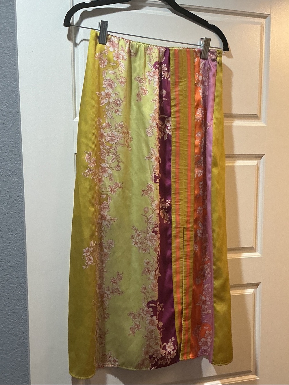 Current Air Lime Green Floral Satin Maxi Skirt with Pink & Orange Stripe Panel